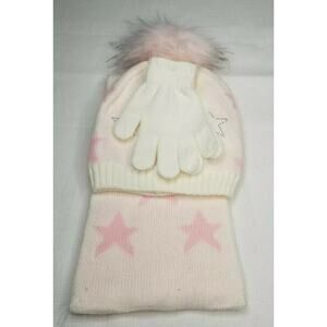 OMG Girl Set Hat Faux Fur Fuzzy Pom Pom Beanie & Gloves One Size White Pink